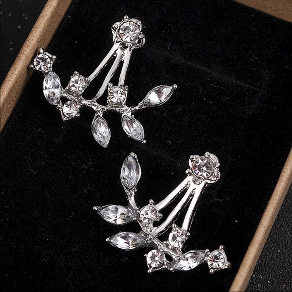 925 Sterling Silver CZ Leaf Ear Cuff Stud Earrings - Picture 4 of 8
